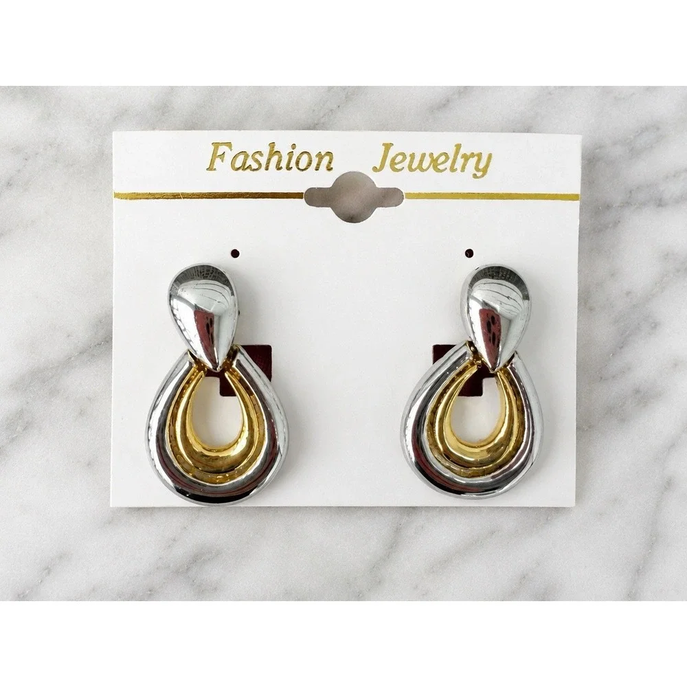 Vintage 80s 90s Two Tone Door Knocker Clip On Earrings Gold Silver